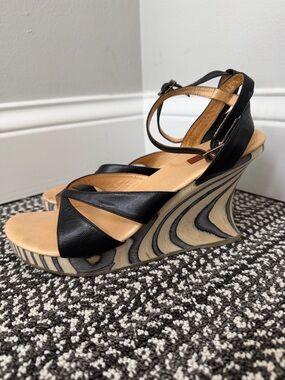 Black Leather Ankle-Strap Wedge Sandals